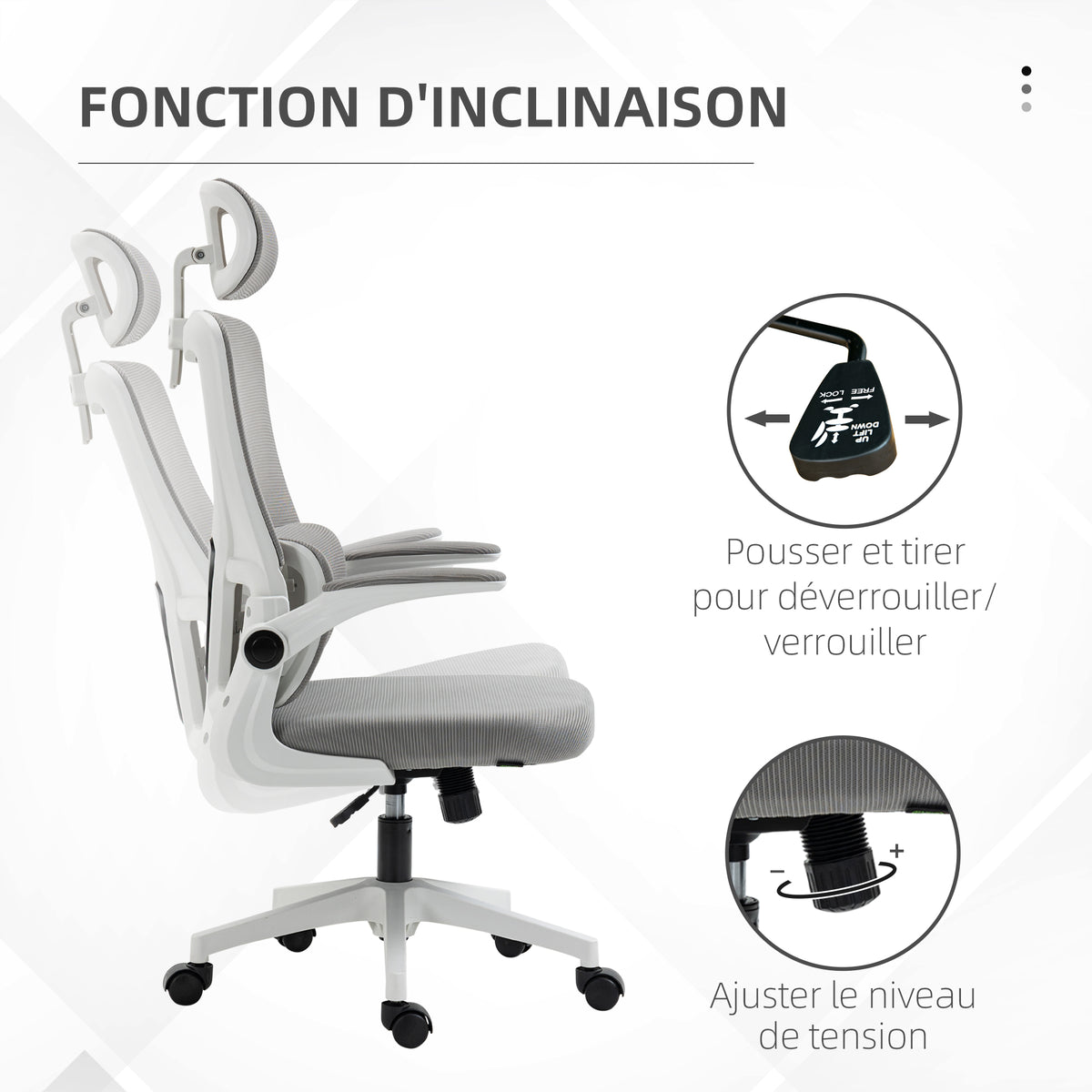 Fauteuil de bureau pivotant 360° avec appui-tête réglable et support lombaire - hauteur d'assise réglable gris-4