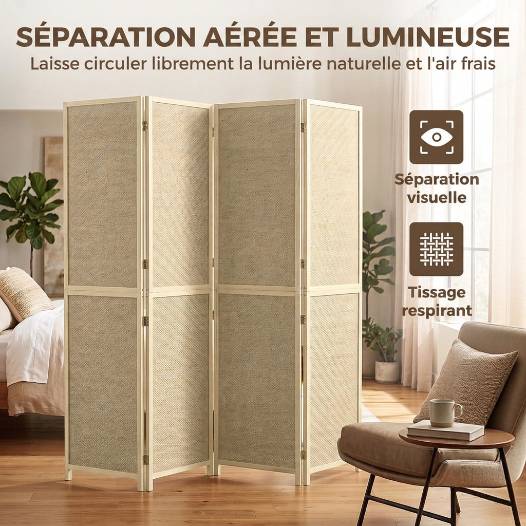 Paravent Interieur en Bambou 4 Panneaux 180x180cm, Séparateur de Pièce Pliable et Portable, Style Bohème, Bois Naturel-6