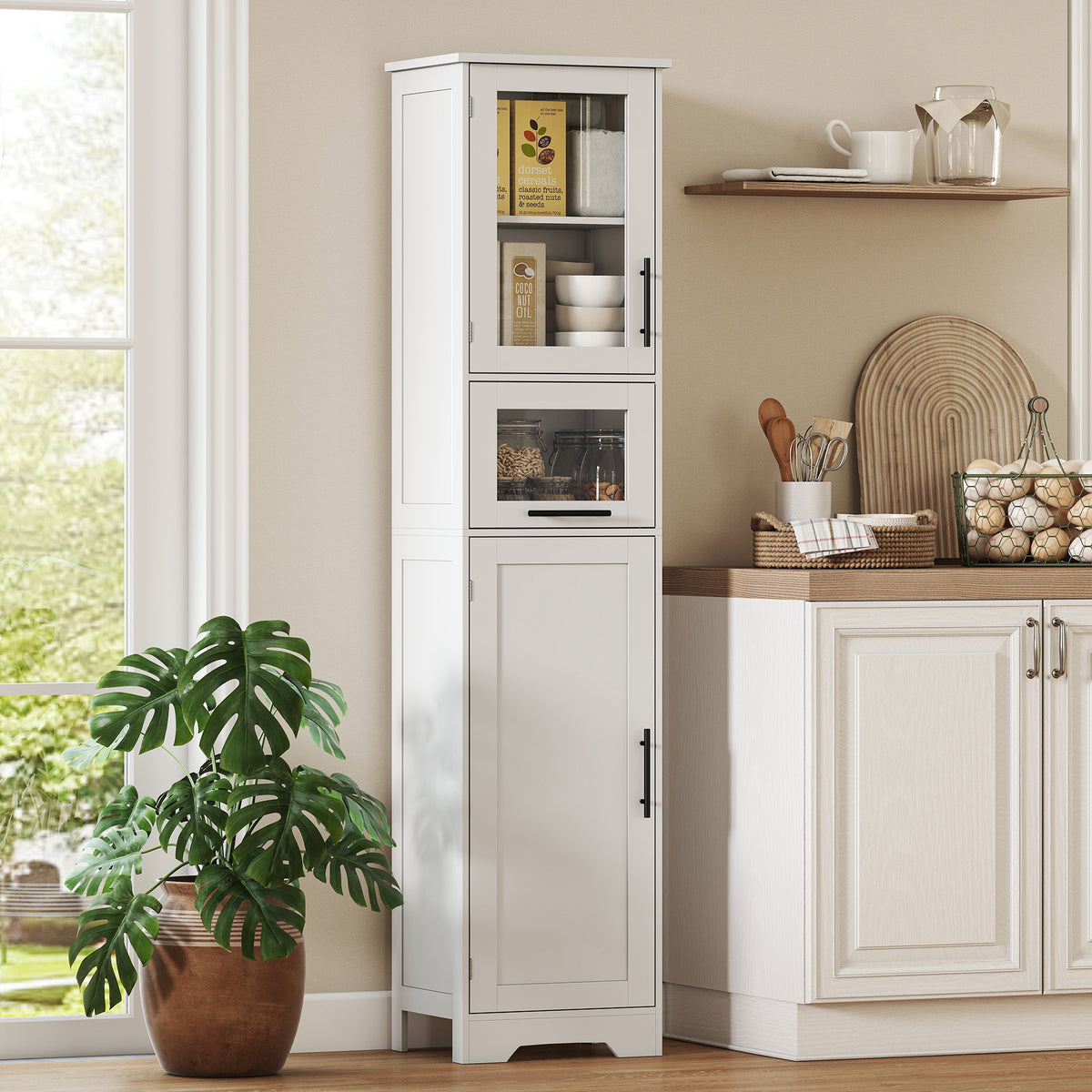 Meuble colonne salle de bain, meuble de rangement avec tiroir, 2 portes et étagère réglable, 40 x 31 x 170 cm, blanc-6
