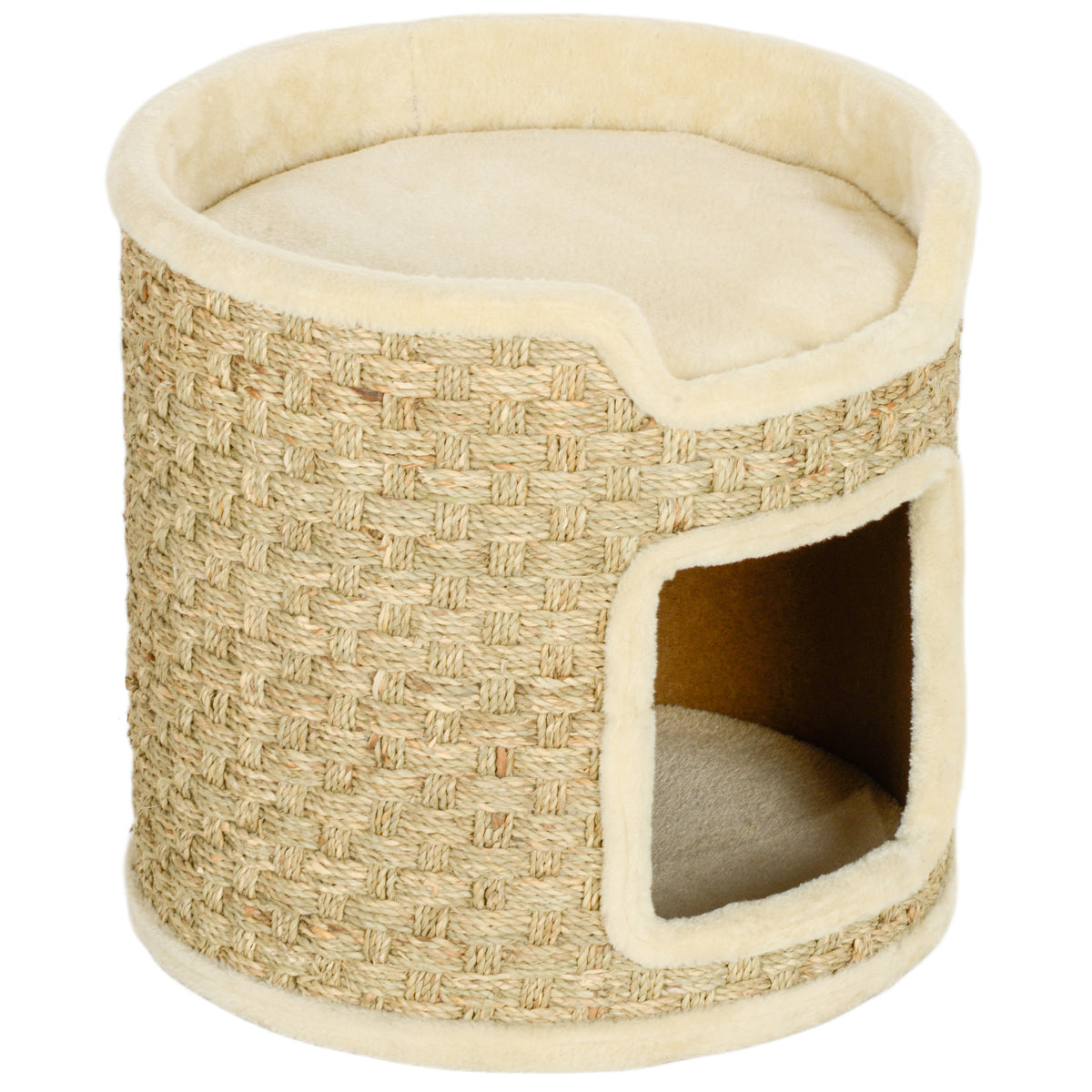 Tonneau à gratter pour chat, tonneau à chat, recouvert de peluche, capacité de 5 kg, Ø 38 x 37H cm kaki et beige-0