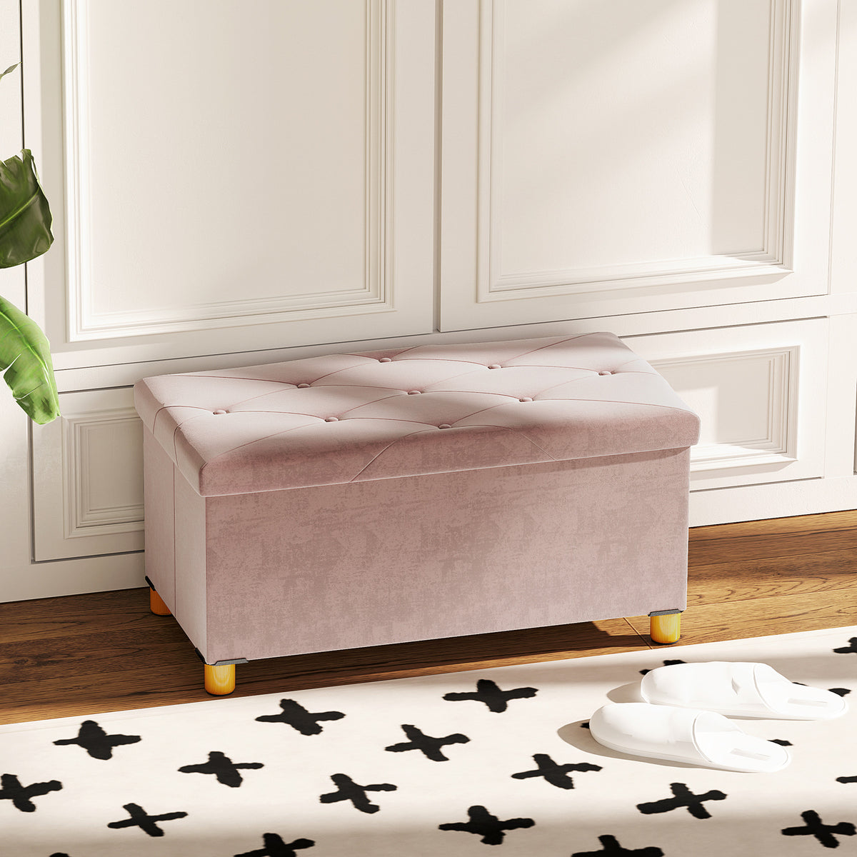 Banc de rangement bout de lit pliable volume 67 L capacité de charge 120 kg avec couvercle 76L x 38l x 38H cm rose-1