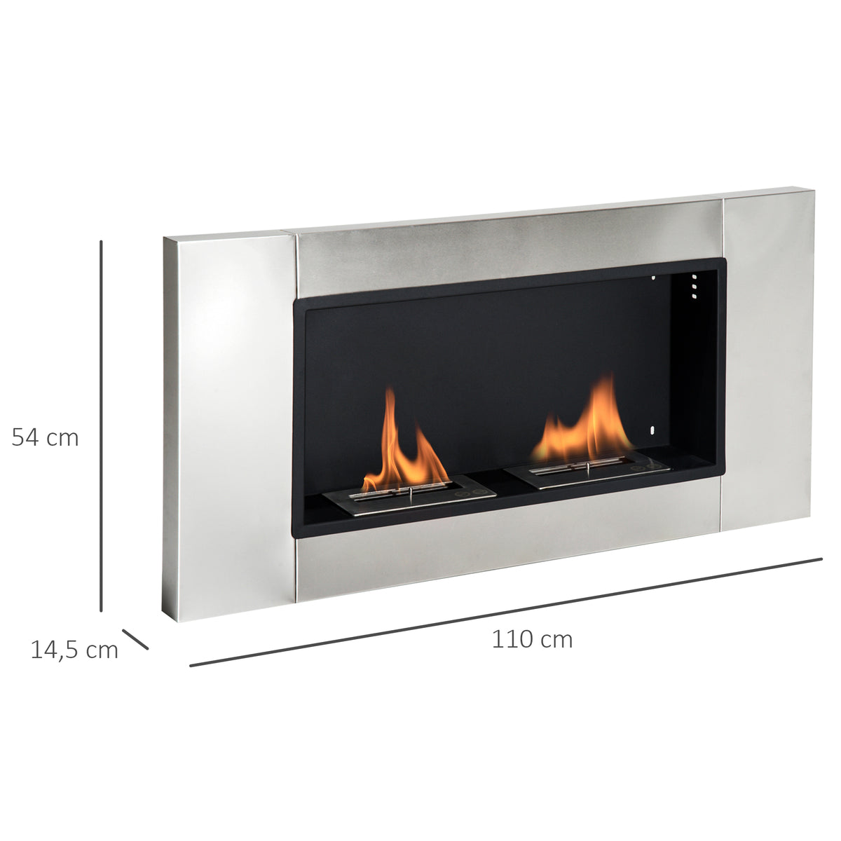 Cheminée bioéthanol Murale encastrable brûleur 2*0,9 L, environ 3 h de durée de combustion 110L x 14,5l x 54H cm Couverture 25-30 m² Acier inox-2