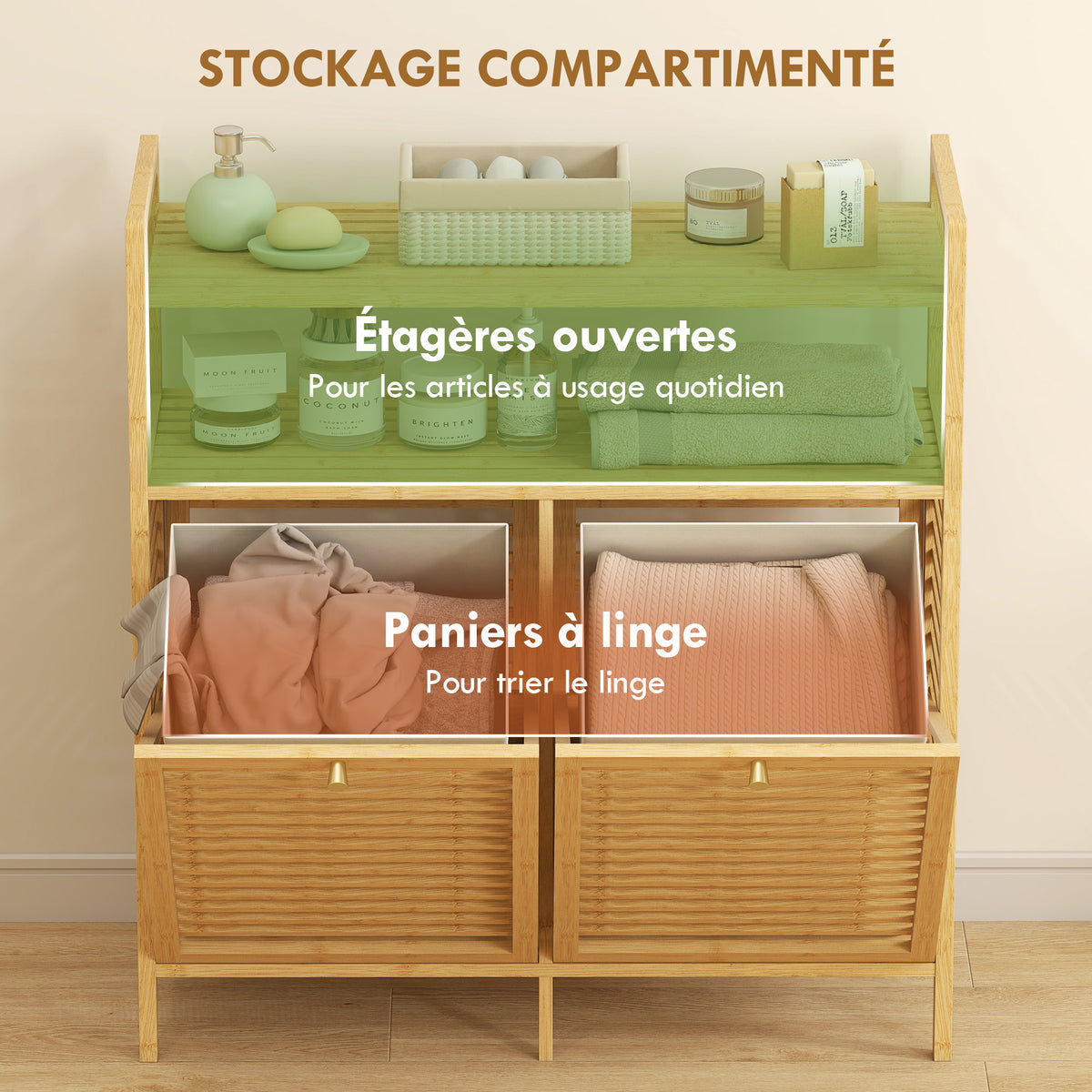 Meuble salle de bain en bambou, armoire salle de bain avec 2 paniers à linge et 2 étagères, 82x33x88cm, bois naturel-3