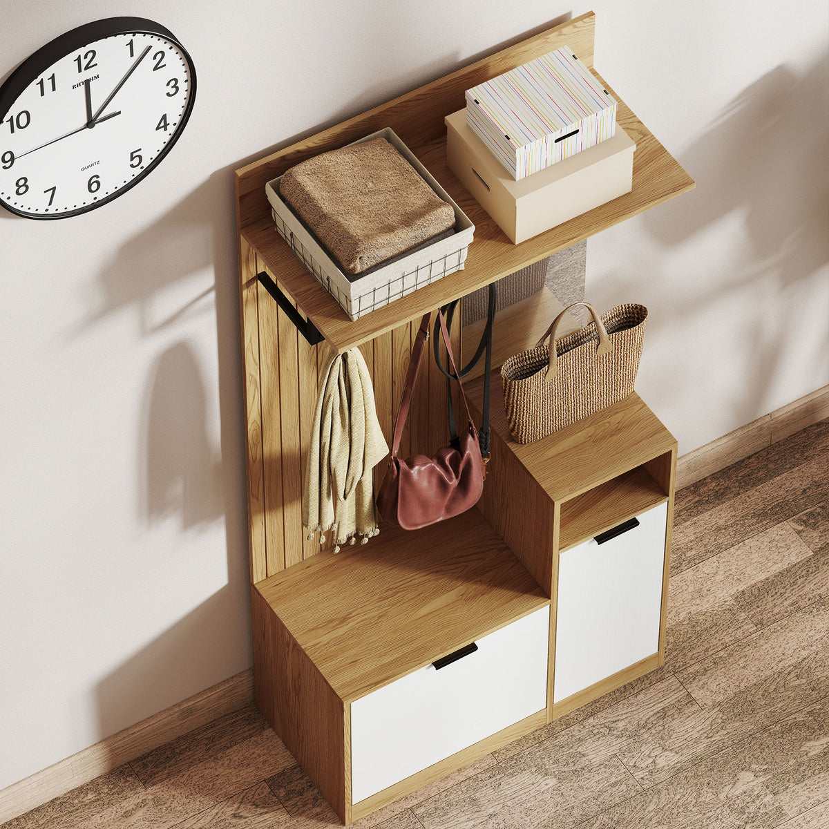 Meuble d'entrée 6 en 1, vestiaire d'entrée avec banc à chaussures rabattable, miroir, 80x36x168cm, chêne-8