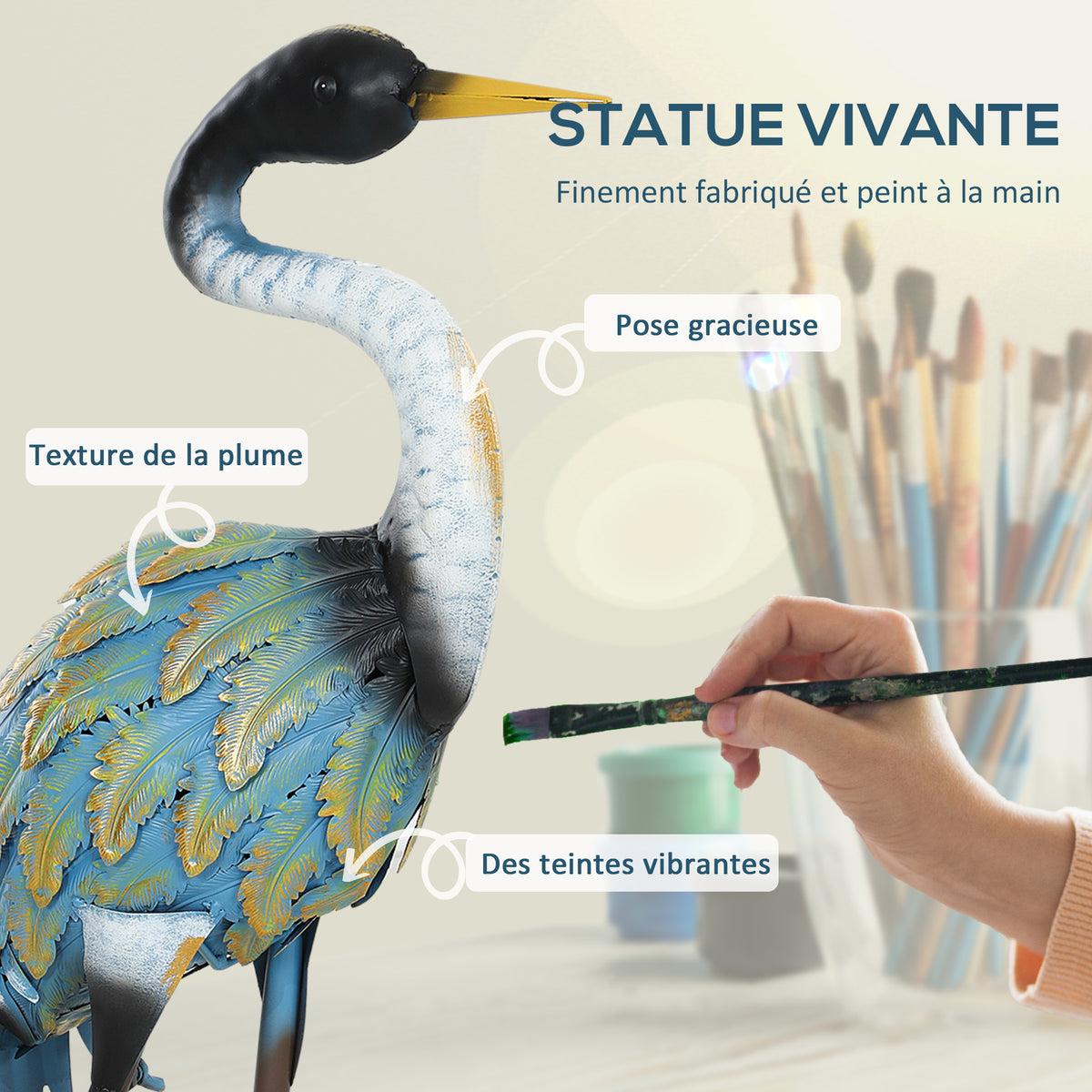 Statue jardin exterieur, sculpture de héron en métal, décoration de jardin exterieur 63 cm, multicolore-3