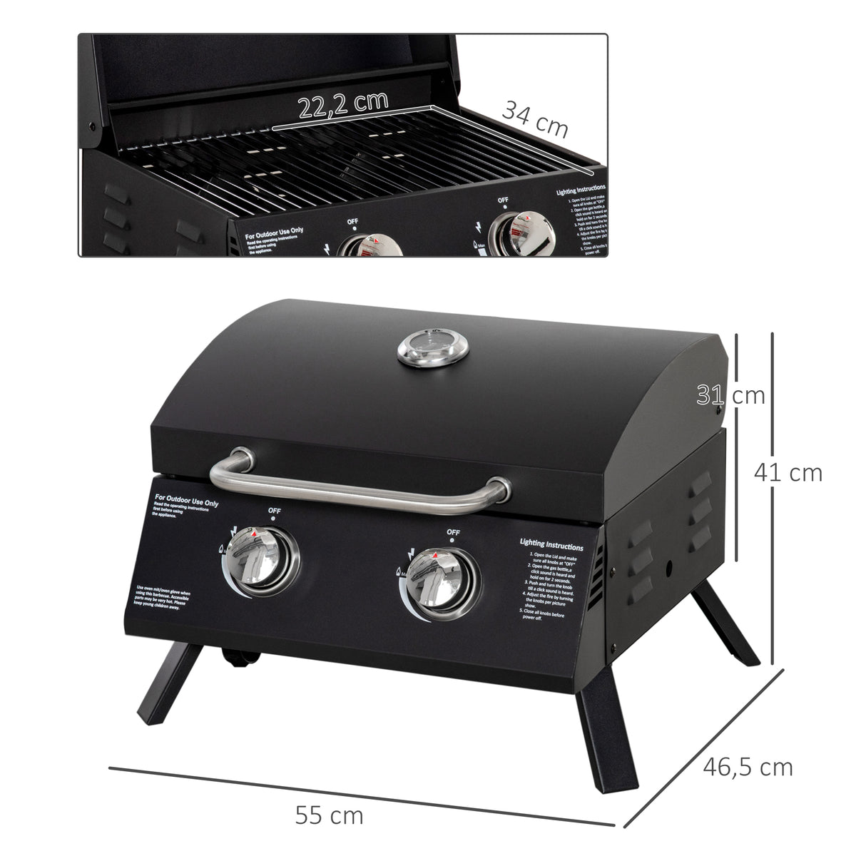 Barbecue gaz de Table transportable Pieds Pliables - 2 brûleurs 5 KW - Barbecue gaz de Camping - Grille de-2