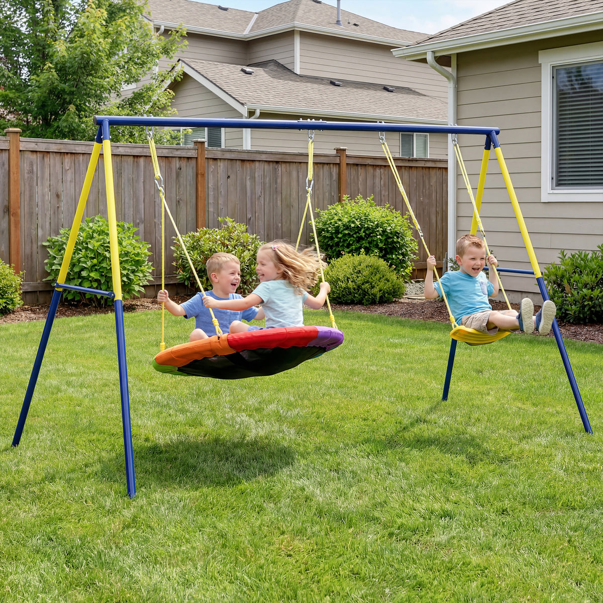 Balançoire portique pour enfant avec double  balancelles, cordes réglables, cadre en acier, pour 3-8 ans, multicolore-1