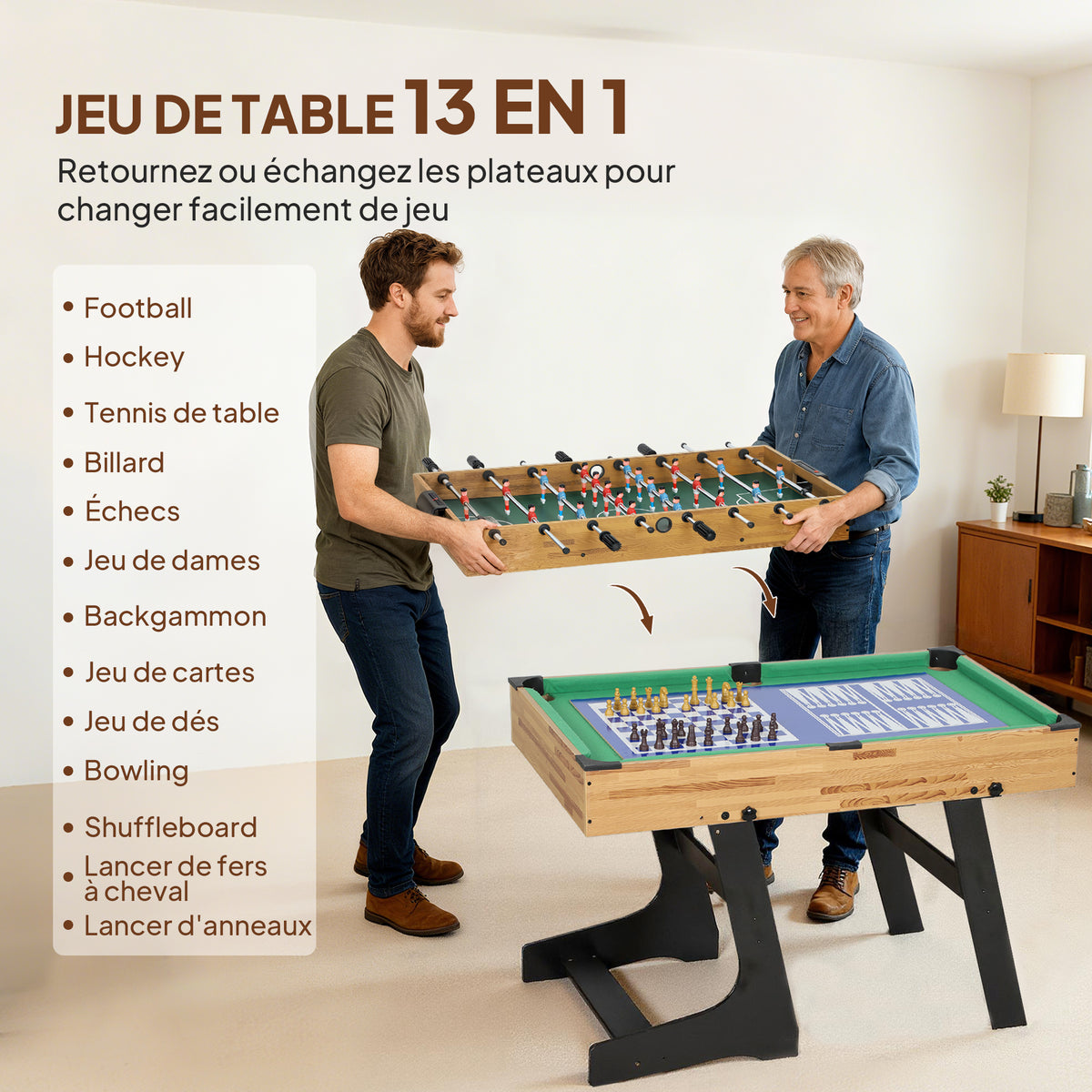 Table multijeux 13 en 1 pliable, table de jeu baby-foot, billard, pour enfants et adultes 120 x 106 x 82 cm noyer clair-3