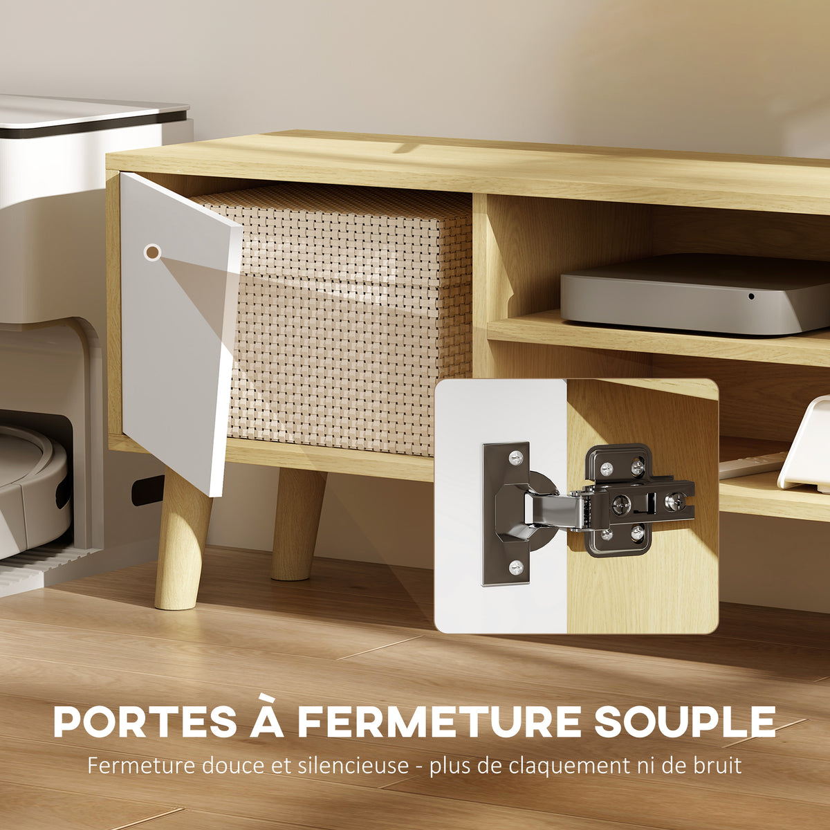 Meuble TV pour télévision jusqu'à 65 pouces design scandinave 2 portes 2 niches avec passe-câbles 150 x 30 x 42 cm-3