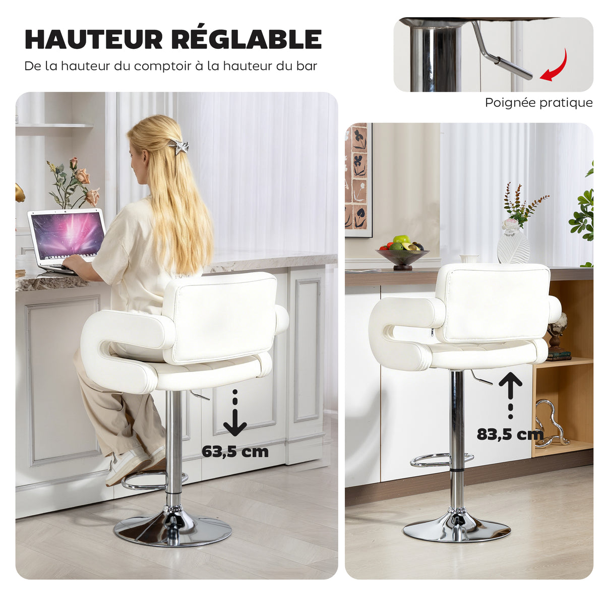 Tabouret de bar pivotant chaise de bar réglable en hauteur avec dossier repose-pieds et accoudoirs 61x50x93-113cm blanc-3