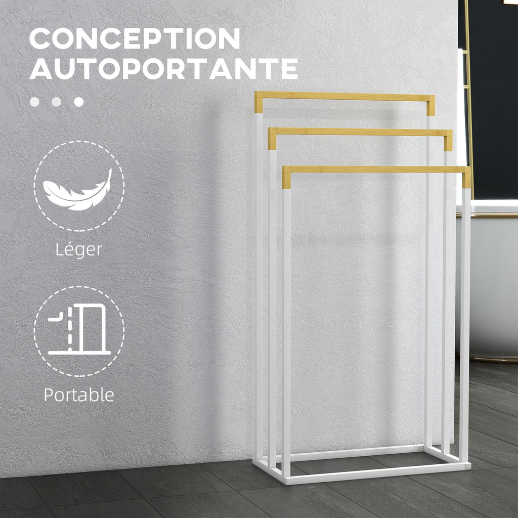 Porte-serviettes en bambou et acier sur pieds avec 3 barres support pour serviette 45 x 22,5 x 86 cm blanc et naturel-5