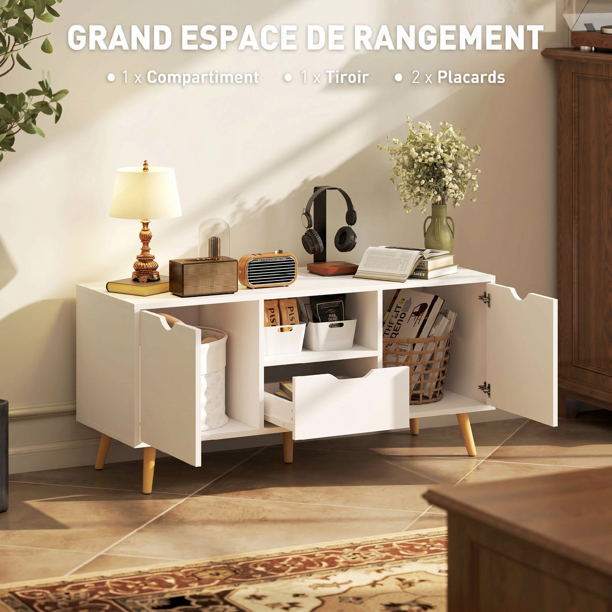 Meuble TV Banc TV Buffet bas Meuble de rangement sur pied avec 2 placards en Bois pour Chambre Salon-3