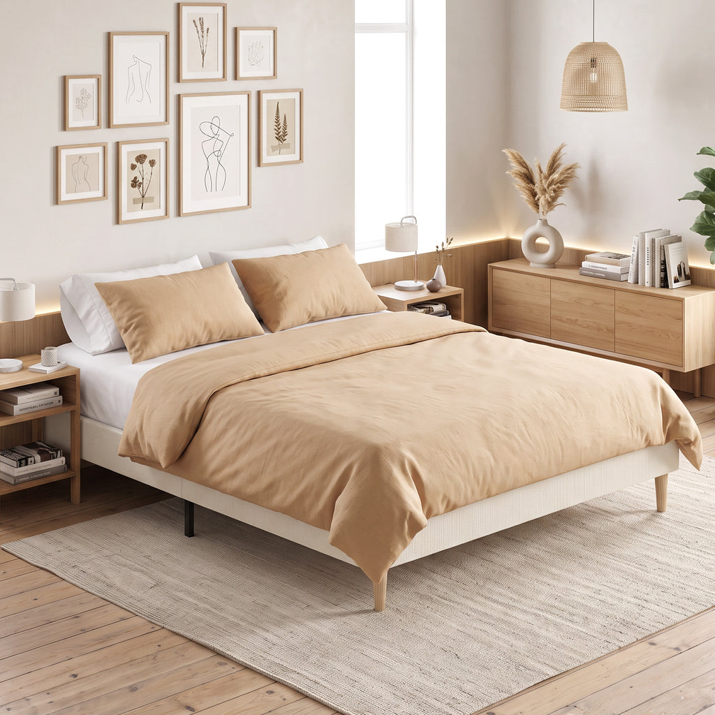 Cadre de Lit 140 x 190 cm avec Sommier, Lit Double Rembourré en Velours Côtelé, Espace de Rangement Au-Dessous, Crème-7