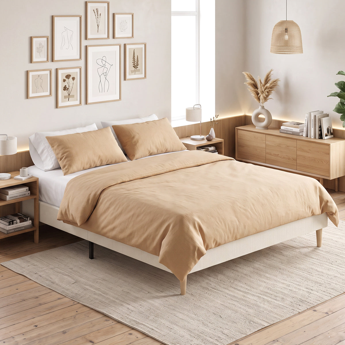 Cadre de Lit 140 x 190 cm avec Sommier, Lit Double Rembourré en Velours Côtelé, Espace de Rangement Au-Dessous, Crème-7