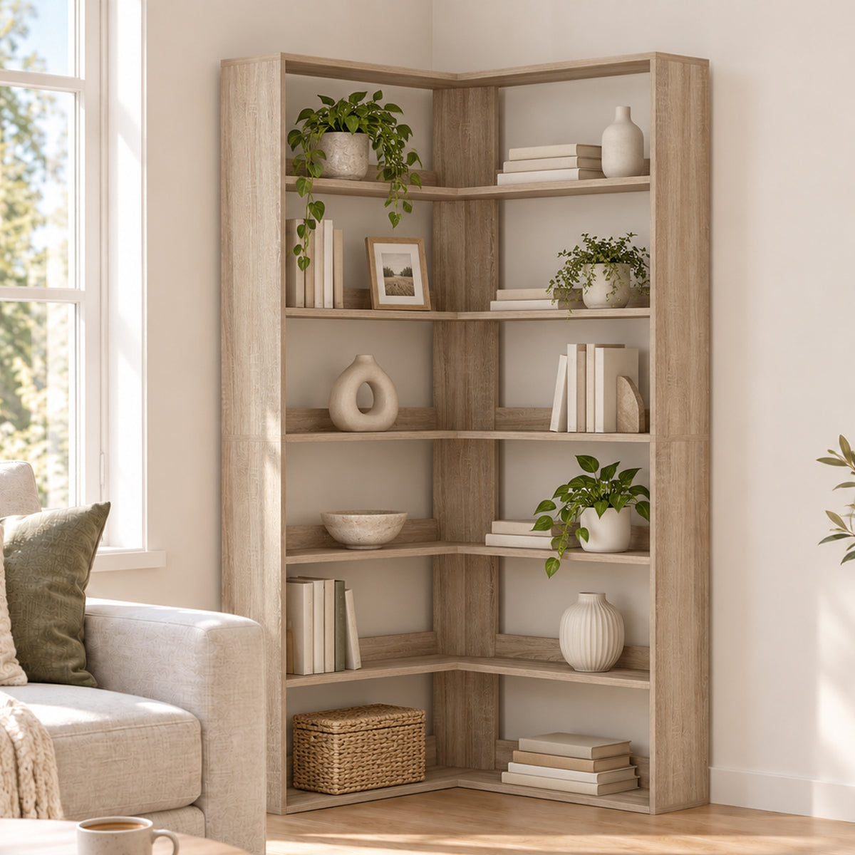 Bibliothèque d'Angle 7 Niveaux, Étagère de Rangement en Forme L avec Rebords Arrière Anti-Chute, Effet Bois Naturel-8