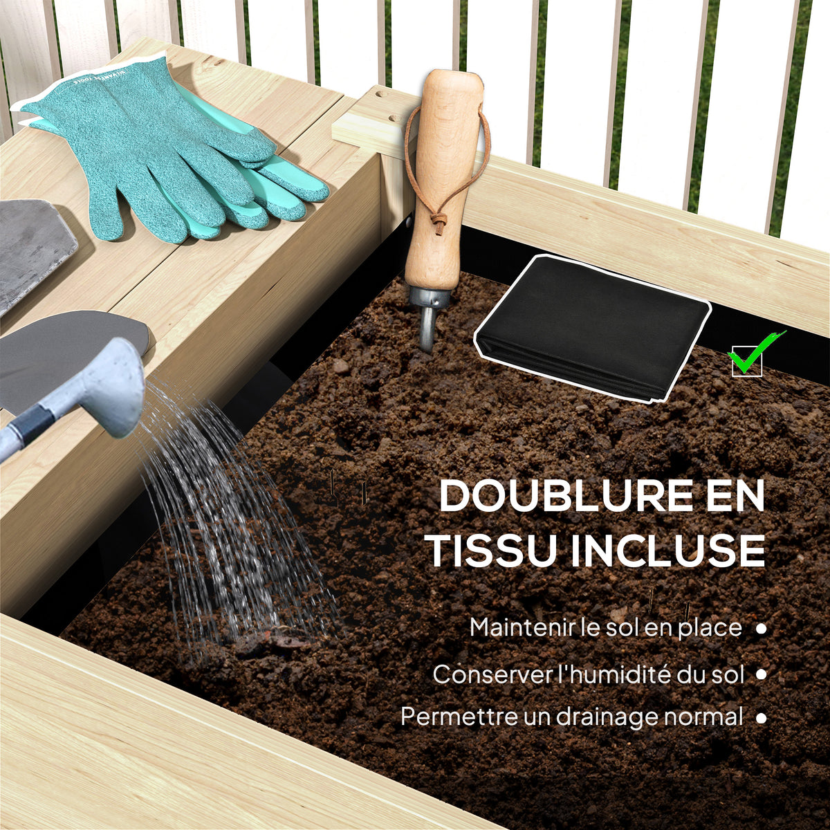 Jardinière sur pieds carré potager de jardin sur pieds 2 bacs tablette étagère inférieure 207 x 59 x 78 cm bois naturel-5