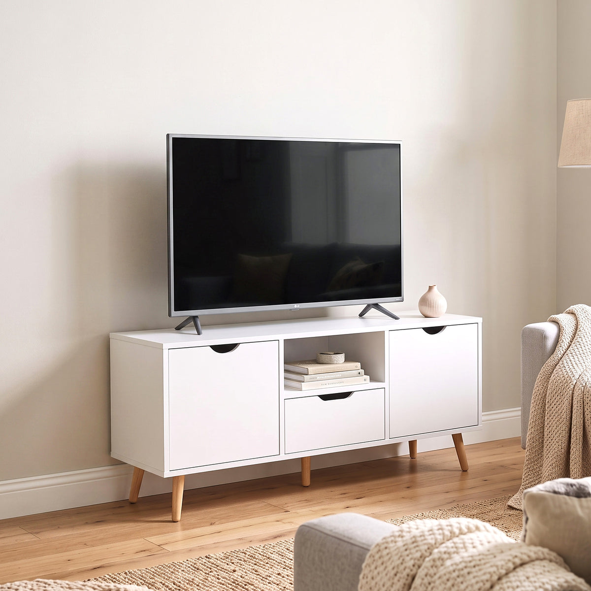 Meuble TV Banc TV Buffet bas Meuble de rangement sur pied avec 2 placards en Bois pour Chambre Salon-9