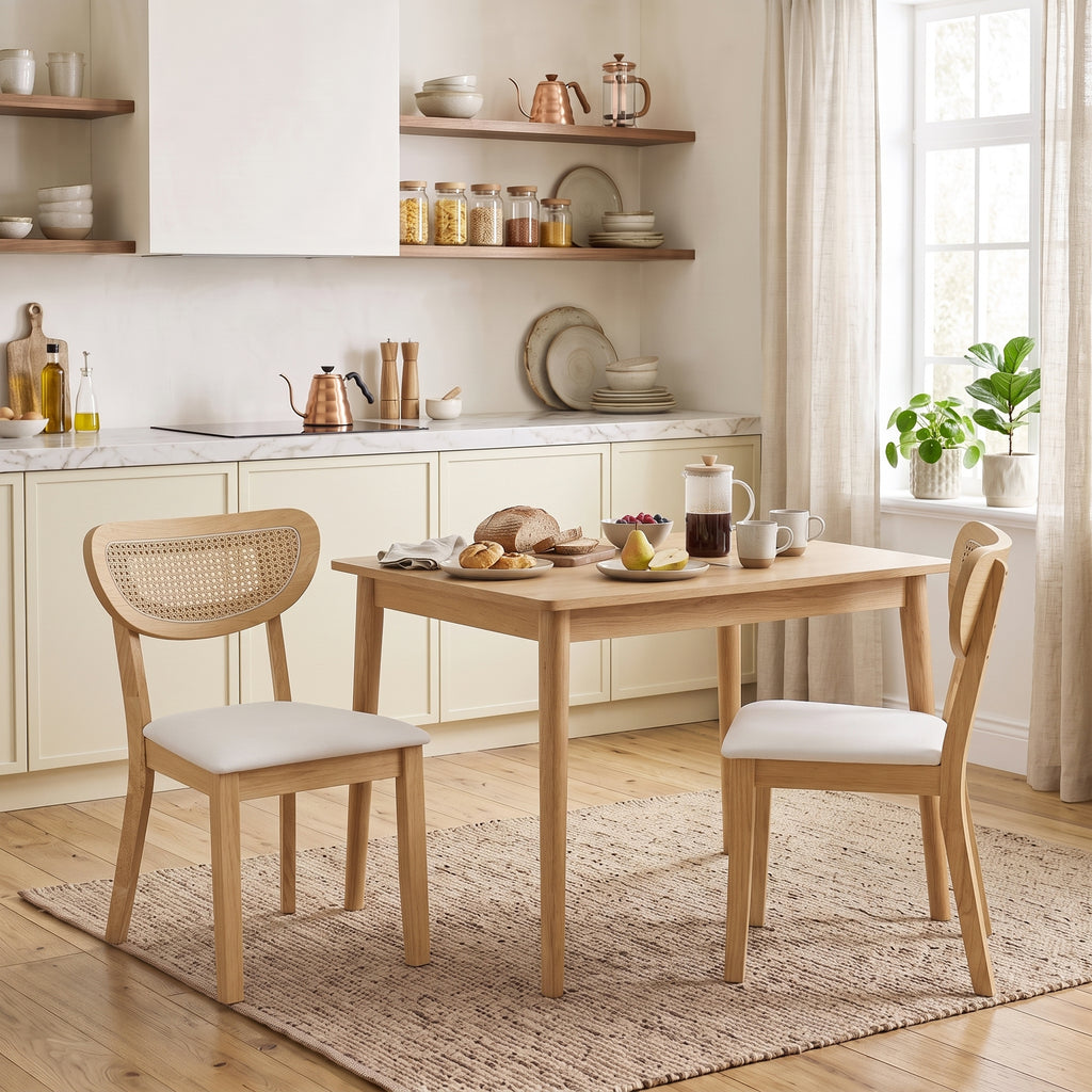Lot de 2 Chaises de Salle à Manger, Chaises de Cuisine Rembourrées en Lin, Dossier à Effet Rotin et Pieds d'Hévéa, Beige-1