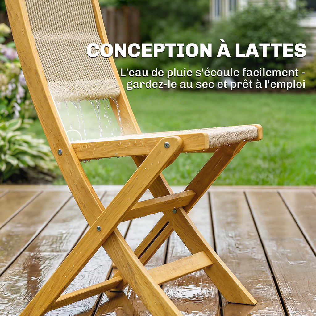 Salon de Jardin Ensemble Bistro 3 Pièces Table Ronde et 2 Chaises Pliables Design Boho Bois d'Acacia Cordage PP Naturel-7