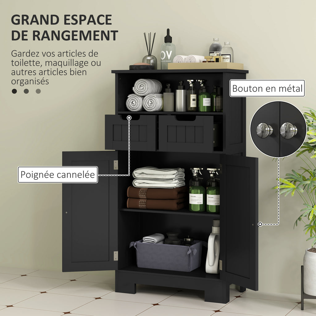 Meuble Bas de Salle de Bain Multi-rangements Grande Niche 2 tiroirs Placard Double Porte avec étagère Noir-3