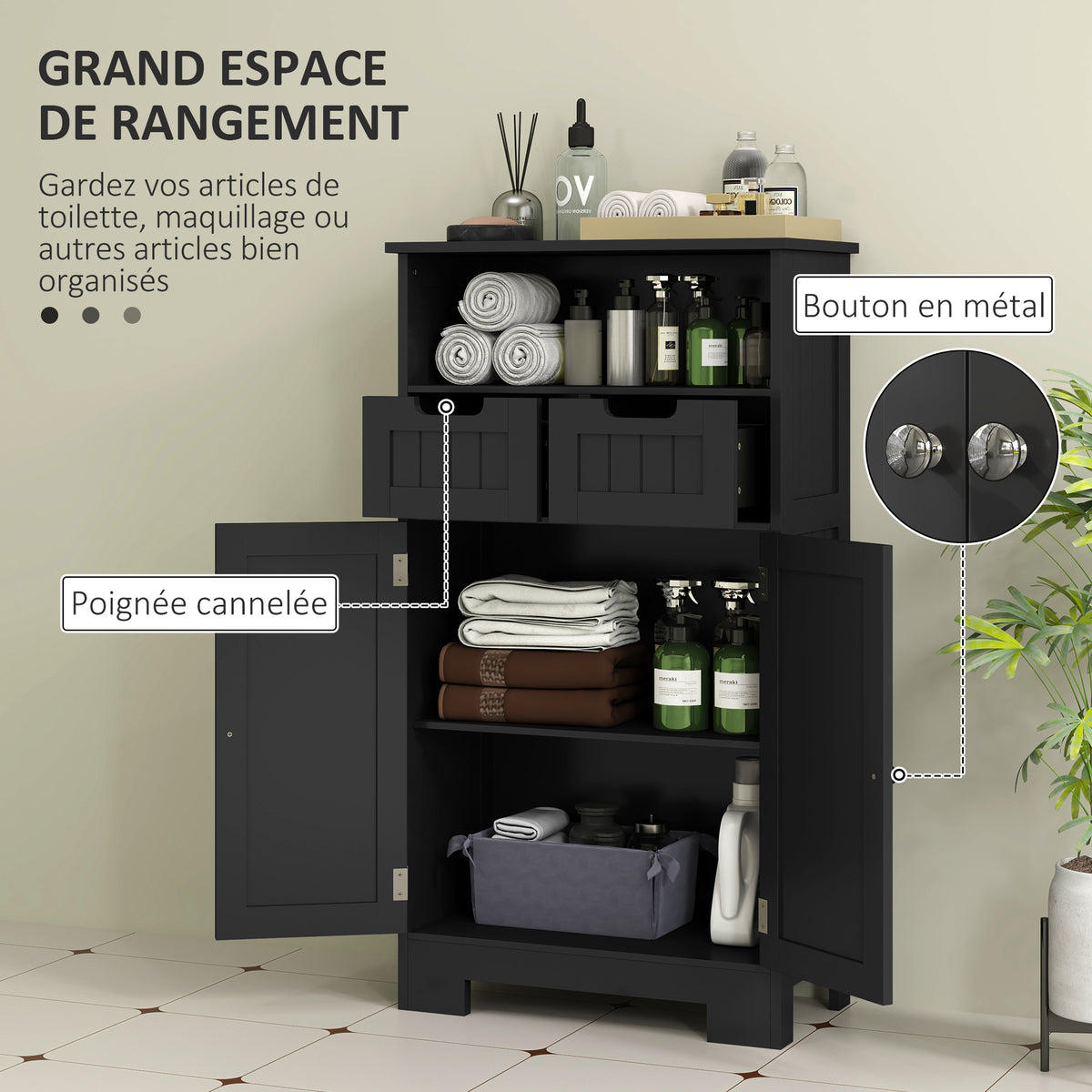 Meuble Bas de Salle de Bain Multi-rangements Grande Niche 2 tiroirs Placard Double Porte avec étagère Noir-3