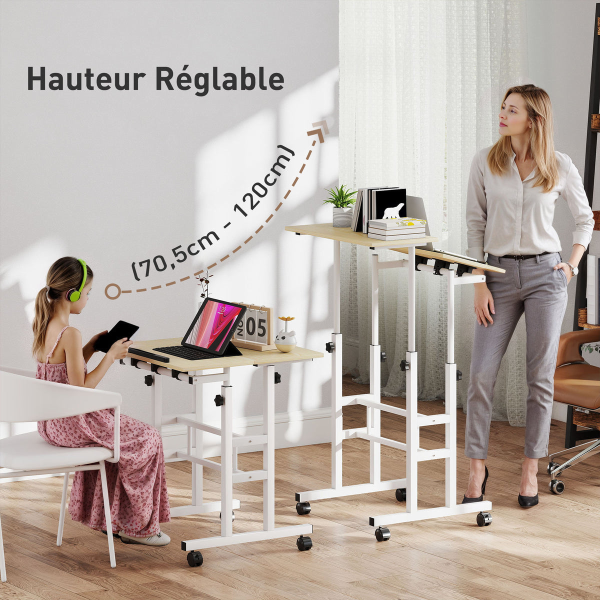 Bureau assis debout bureau réglable en hauteur 60 x 60 cm à roulettes avec plateau inclinable cadre en métal naturel-3