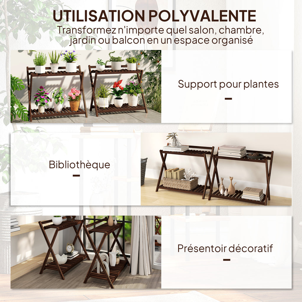 Lot de 2 support plantes intérieur 2 niveaux étagères à plants avec support arrière 73 x 36 x 64 cm marron-7