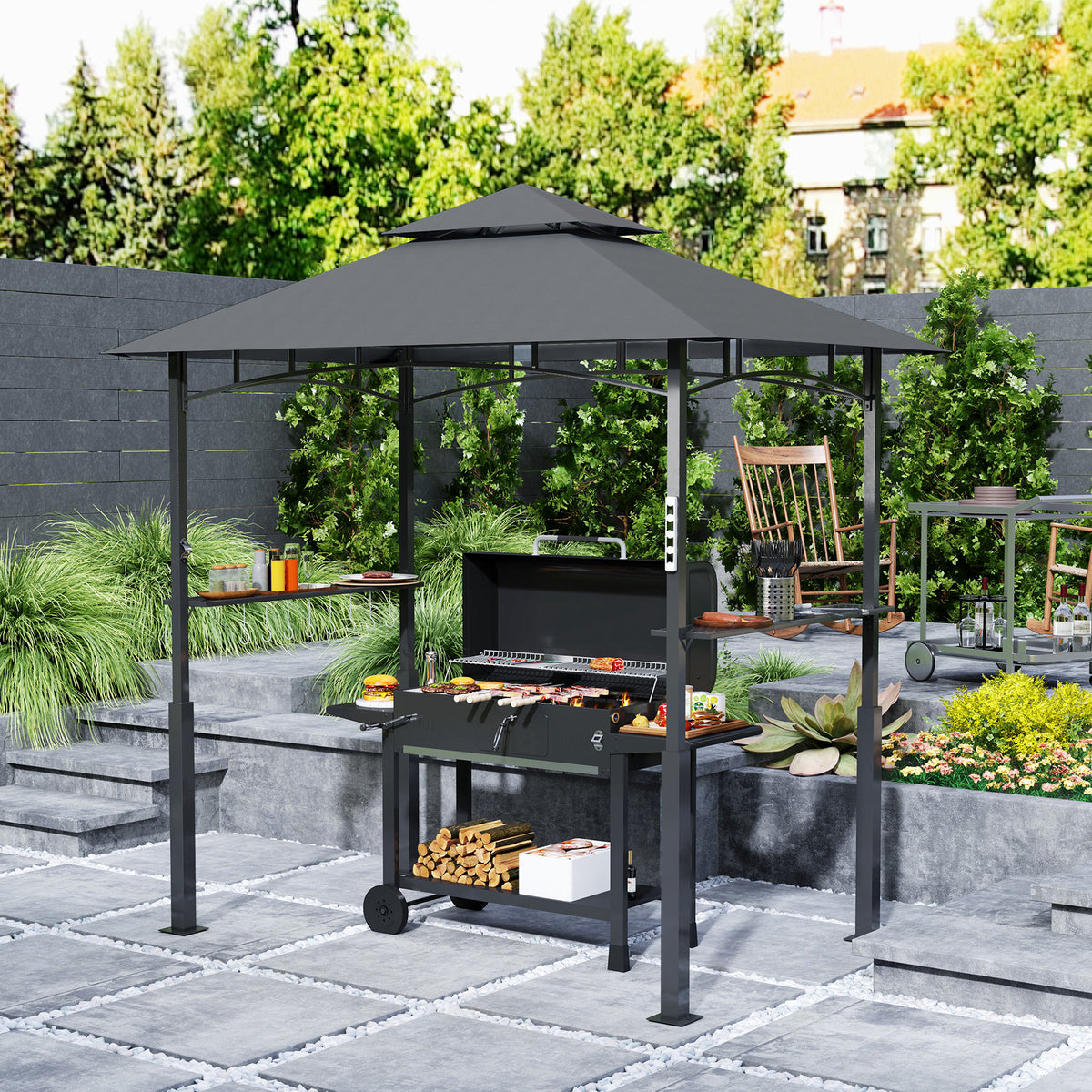 Tonnelle de barbecue à deux niveaux auvent de réception pour jardin avec lumière LED 243 x 148 x 248 cm gris foncé-1