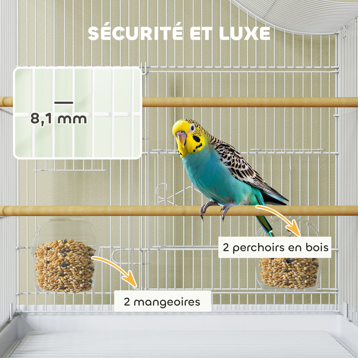 Cage à oiseau volière avec 4 portes, 2 perchoirs, plateau coulissant, pour inséparables perruches 4,7,5x36x54,5cm, blanc-3