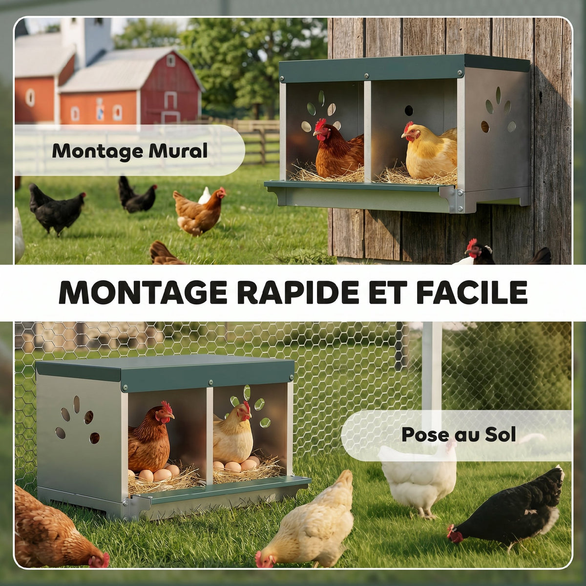 Pondoir à Poules 2 Emplacements, Imperméable, Trous d'Aération, Facile à Nettoyer, 54,5x42,5x35,5cm, Acier, Argent-6