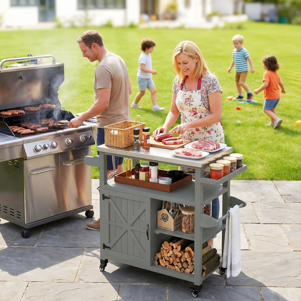 Desserte jardin chariot de barbecue sur roulettes avec plateau en acier inoxydable 107x49,5x92,5cm gris-9