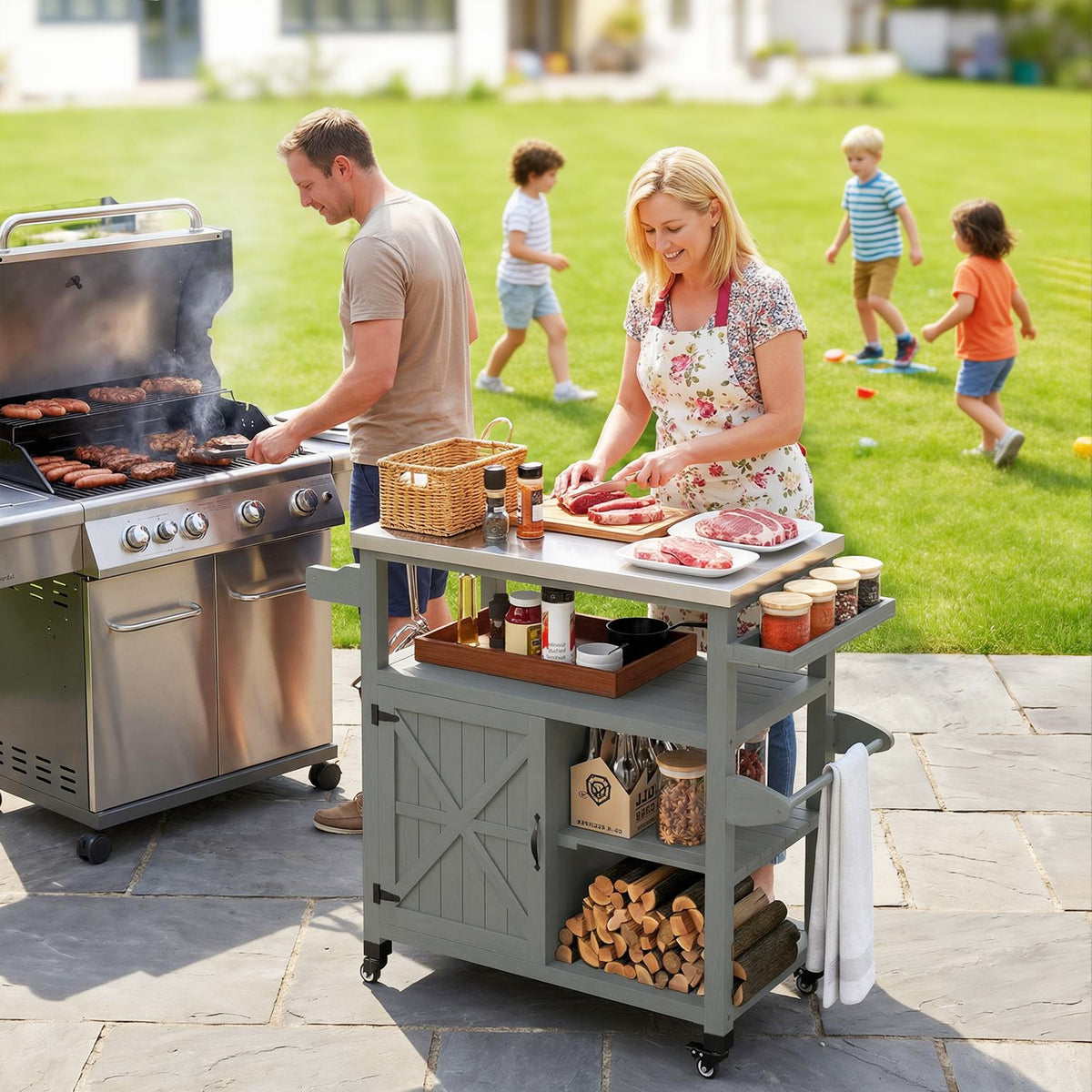 Desserte jardin chariot de barbecue sur roulettes avec plateau en acier inoxydable 107x49,5x92,5cm gris-9