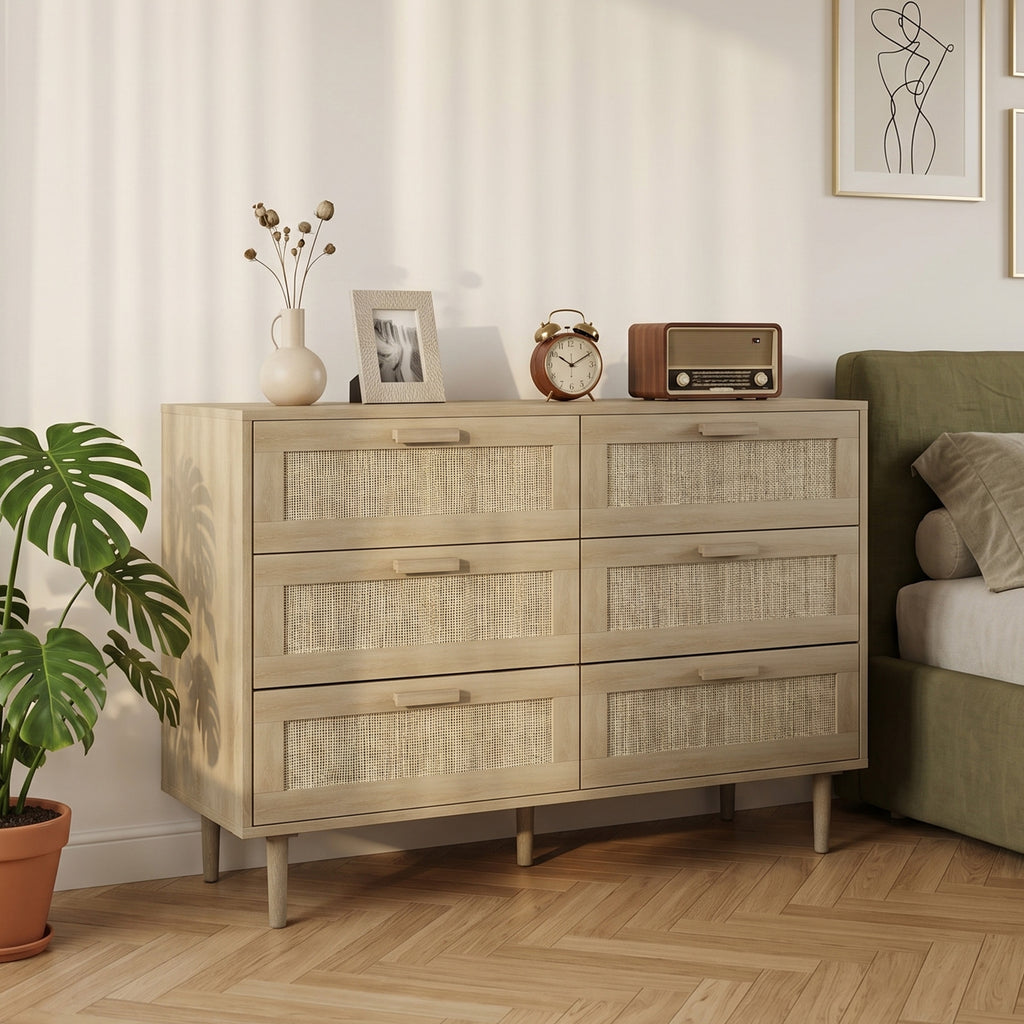 Commode 6 tiroirs meuble de rangement avec tissage en rotin dim. 110L x 40l x 75H cm Aspect Bois Clair-1