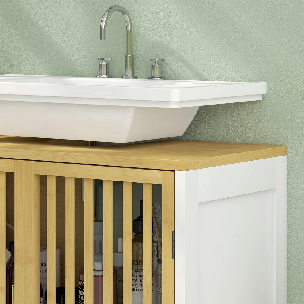 Meuble sous vasque 2 portes avec étagère réglable armoire de rangement pour lavabo 60 x 30 x 70 cm MDF et bambou-7