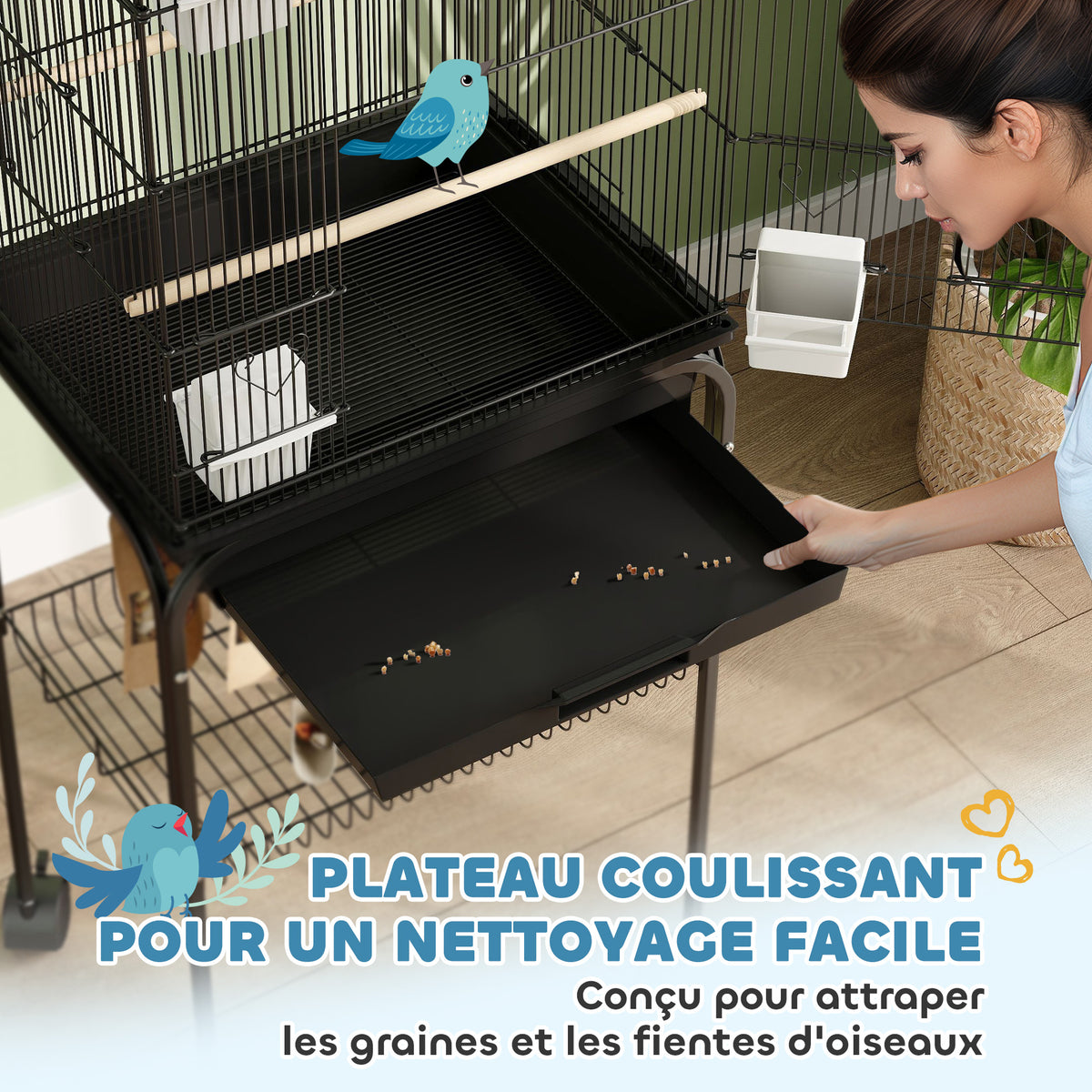 Cage à oiseaux sur pied, volière sur roulettes avec balançoire, support, design maison, 50,5 x 41 x 163 cm en acier noir-4