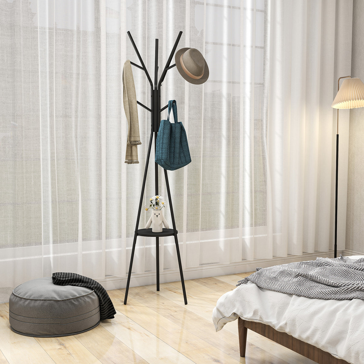 Porte-manteau trépied design contemporain branches étagère + 9 patères dim. 45L x 45l x 180H cm métal noir-1
