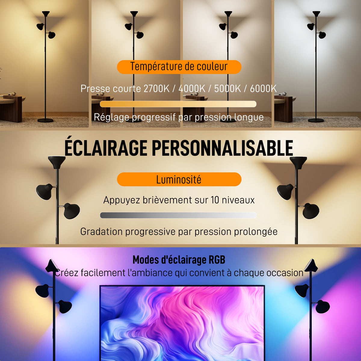 Lampadaire LED lampadaires sur pied salon dimmable 2700K-6000K 4150 lm 3 têtes rotatives Ø 25 x 170 cm noir-3