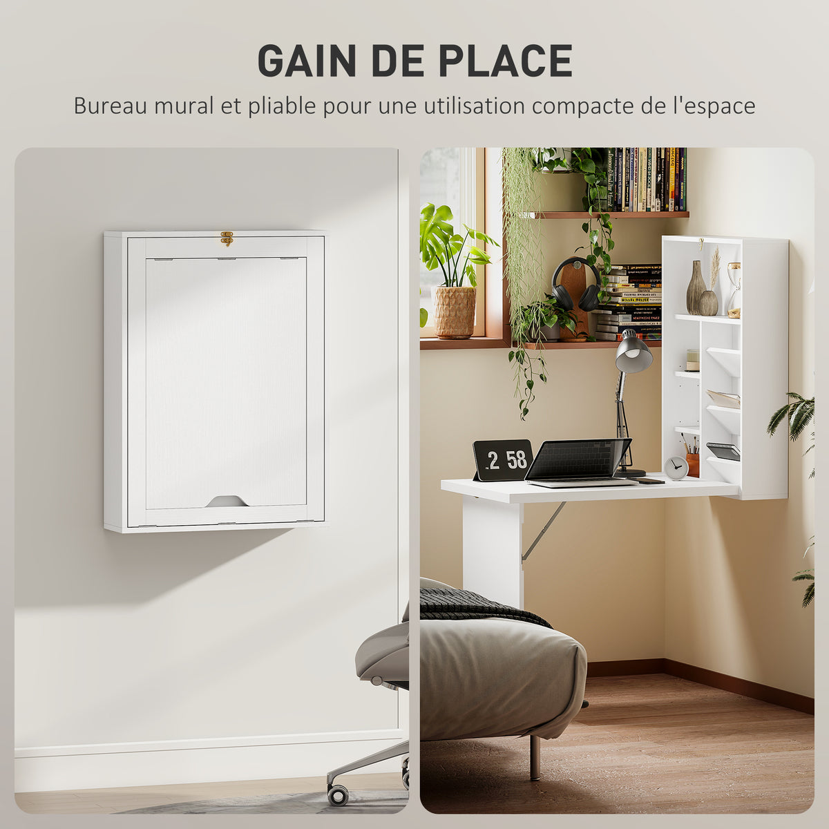 Bureau pliable mural, table murale pliante avec étagères pour salon, salle à manger, bureau, 93,8 x 60 x 147 cm, blanc-3