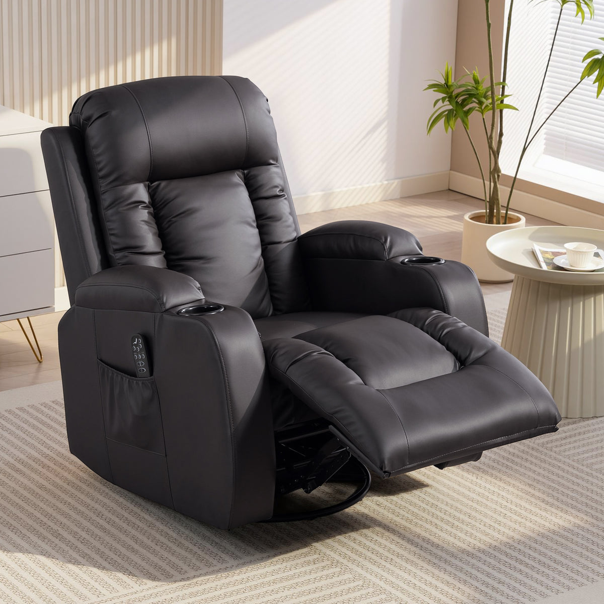 Fauteuil inclinable de massage et chauffage, fauteuil de relaxation, dossier réglable, pivotant 360°, 82x99x103cm, marron-7