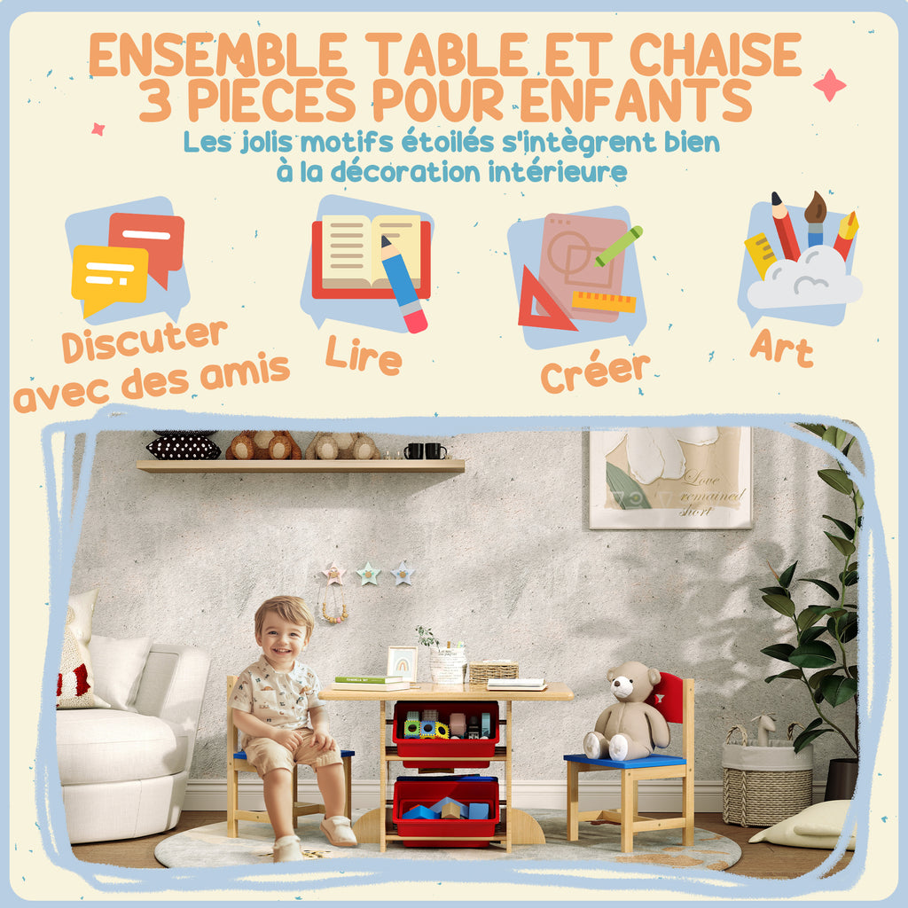 Table enfant avec 2 chaises ensemble table et chaises enfants 3 pièces en bois avec 4 bacs de rangement bois naturel-4