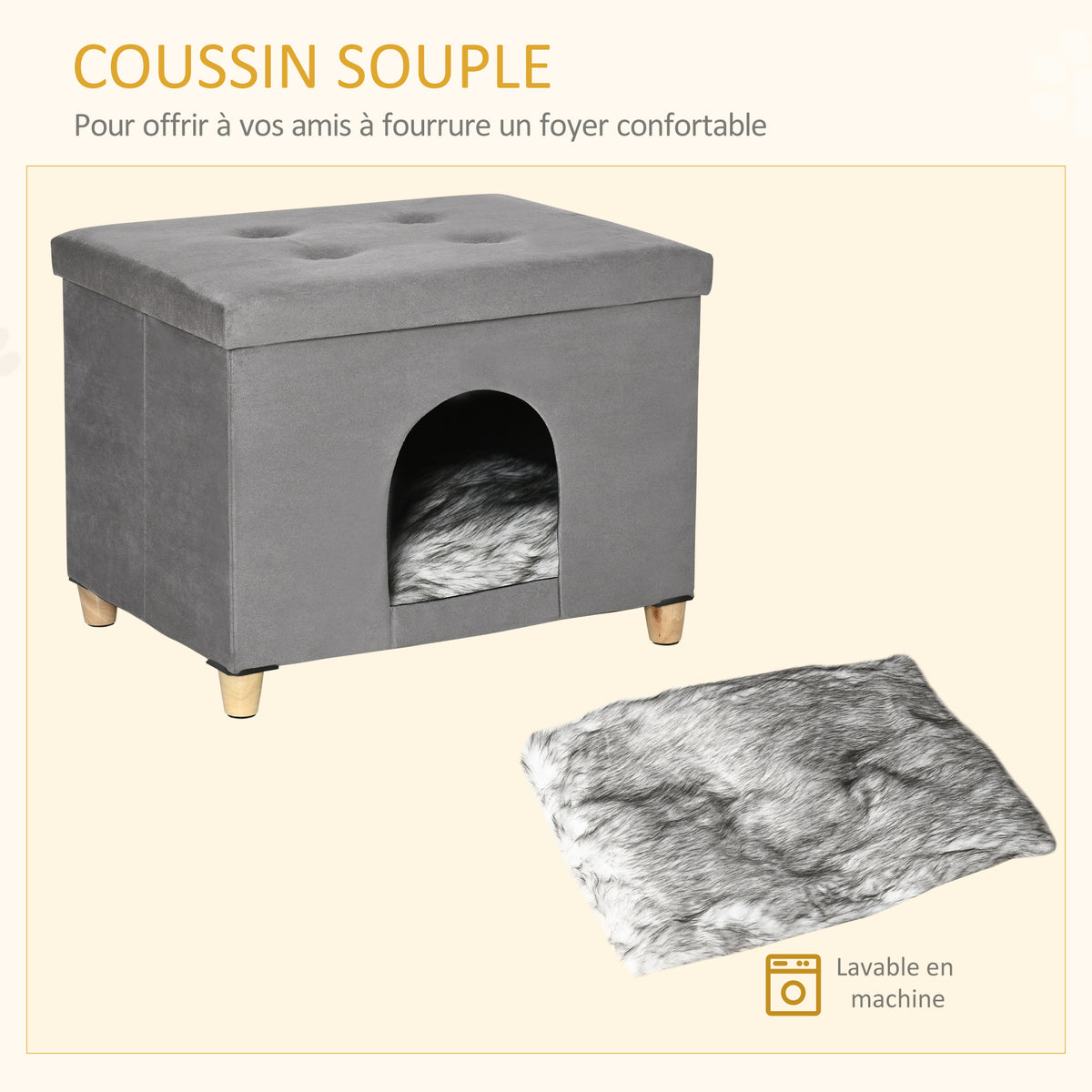 Niche chat maison de chat design surélevé avec coussin amoviable et lavable en peluche doux repose-pieds, dessus ouvrable, gris-6