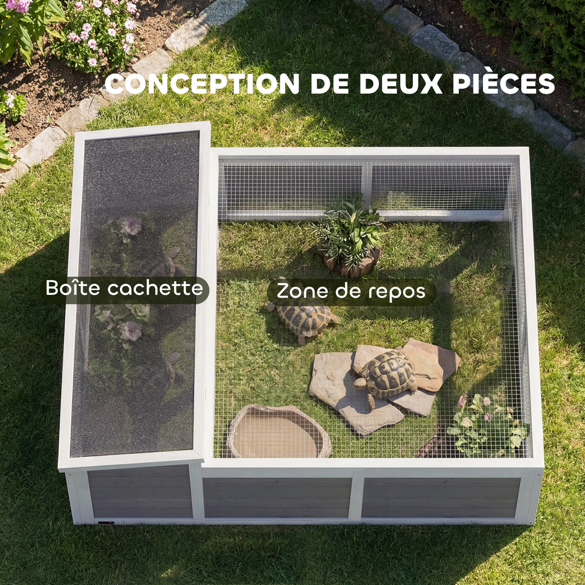 Maison Tortue Terrestre Habitat 2 Zones avec Double Toit Ouvrant Bitumé et Grillagé Fenêtre 113x106,5x44,5cm Gris Foncé-3