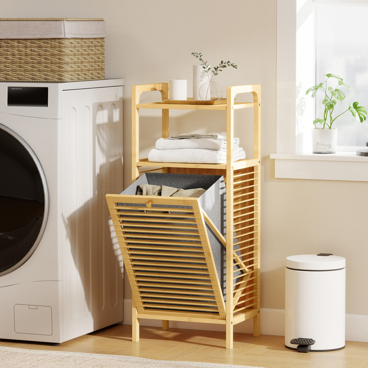 Meuble de rangement en bambou meuble de salle de bain étagère panier à linge basculant 40x30x95cm effet bois naturel-1