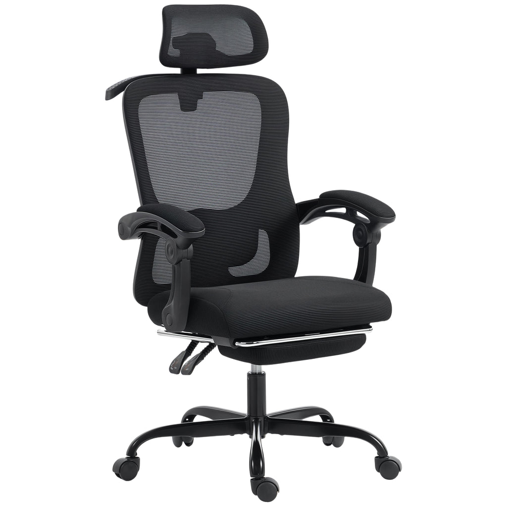 Chaise bureau ergonomique, fauteuil de bureau en maille avec appuie-tête réglable, support lombaire, 64x64x124cm, noir-0