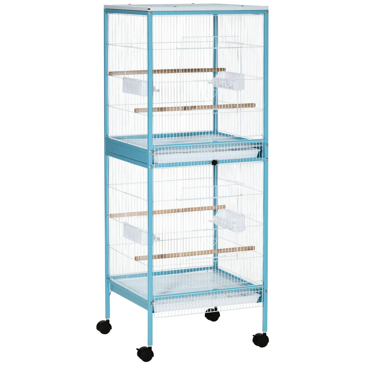 Grande Cage à Oiseaux sur Pied Double avec Mangeoires Perchoirs Plateau Amovible Roulettes 51,5 x 50 x 140 cm Bleu Clair-0