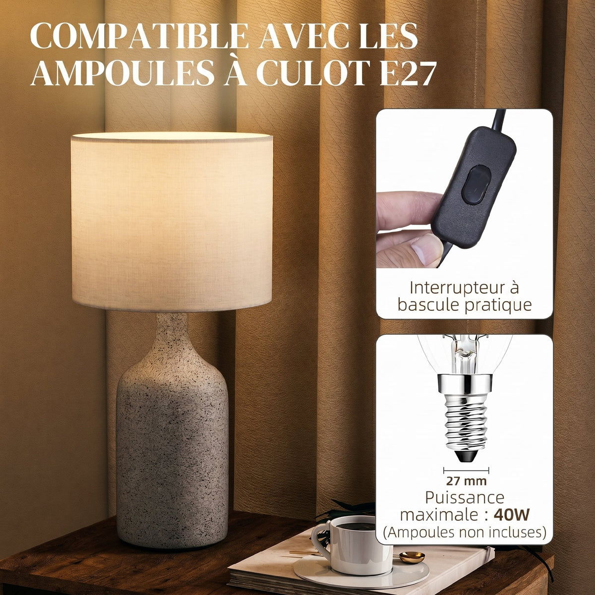 Lampe de Table avec Base en Céramique et Abat-Jour en Lin, Lampe de Chevet Rétro avec Culot E27, Blanc et Sable-4