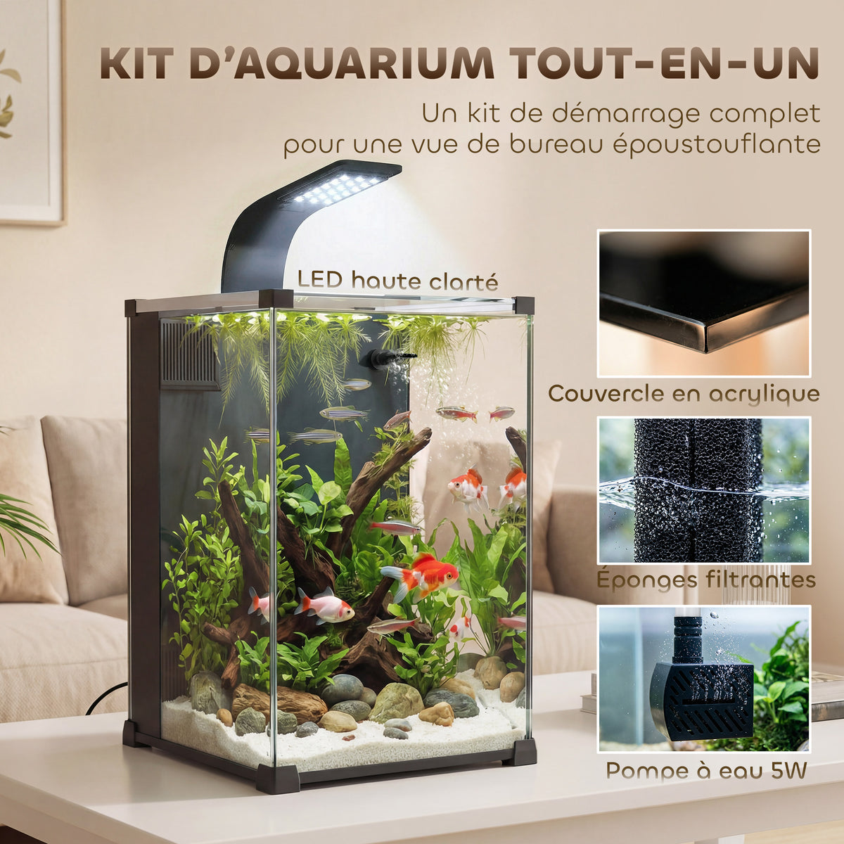 Aquarium en Verre Trempé Nano Aquarium avec Filtre Intégré Pompe 5W et Éclairage LED 30x30x45cm Noir-3