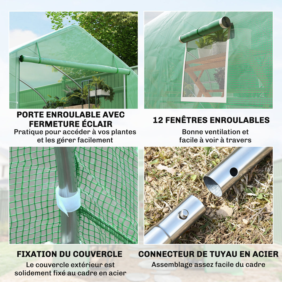 Serre de jardin tunnel grande taille avec bâche PE cadre en acier porte enroulable et 12 fenêtres 8 x 3 x 2 m vert-4