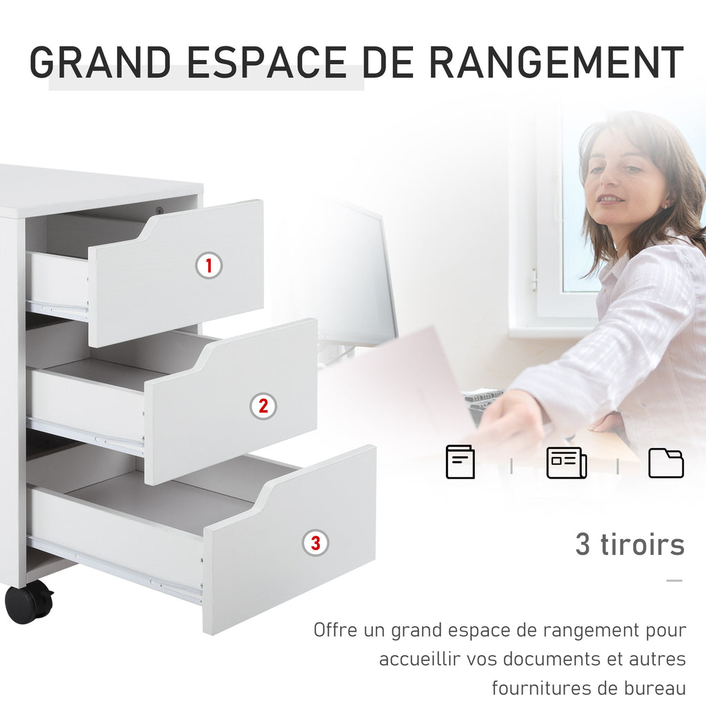 Caisson bureau mobile avec 3 tiroirs, meuble rangement bureau sur roulettes pour documents et imprimante, caisson de rangement compact pour travail ou chambre, 40x50x57,5cm, blanc-3