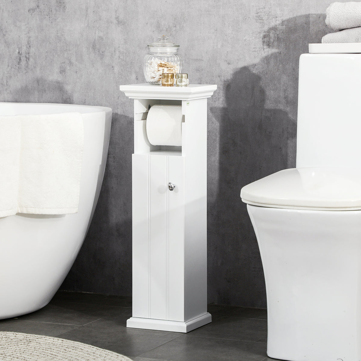 Meuble de salle de bain support papier toilette avec placard et sortie papier en bois blanc-9